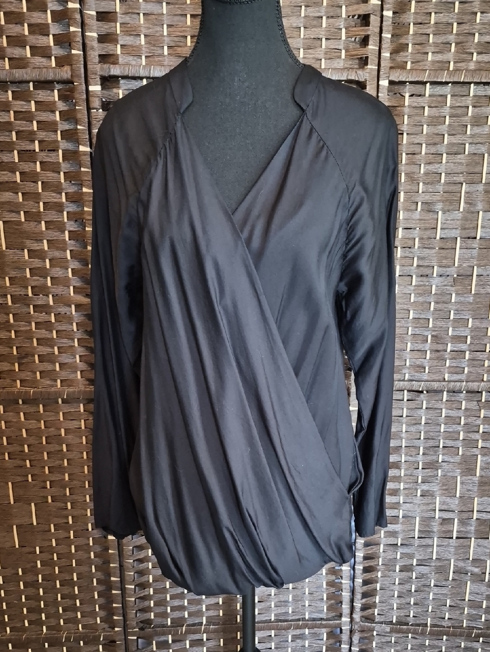 James Perse Black Draped Wrap Blouse with Tulip Hem